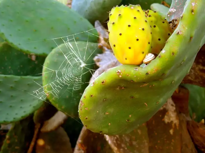 Kakteenpflanze mit Spinnennetz und Schnecke