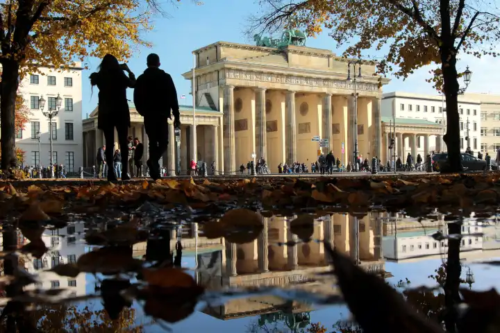 Brandenburg Gate reflecting in a puddle