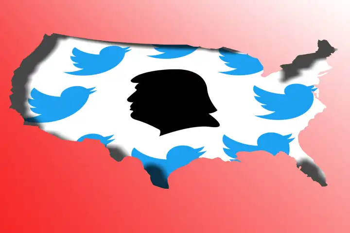 Symbolbild Donald Trump und seine intensive Meinungsäußerungen über den Kurznachrichtendienst Twitter Umrisse der USA Vereinigten Staaten von America mit Konterfei des 45. Präsident en und Twitter Lo