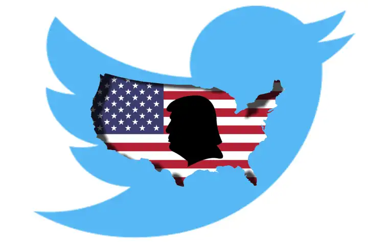 Symbolbild Donald Trump und seine intensive Meinungsäußerungen über den Kurznachrichtendienst Twitter Umrisse der USA mit Flagge sowie Konterfei des 45. Präsidenten Donald Trump
