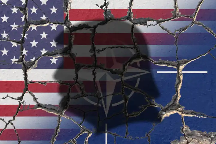 Donald Trump shadow with eroding NATO OTAN and US flag