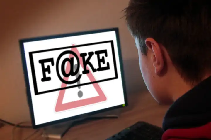young man in front of a computer with words fake news