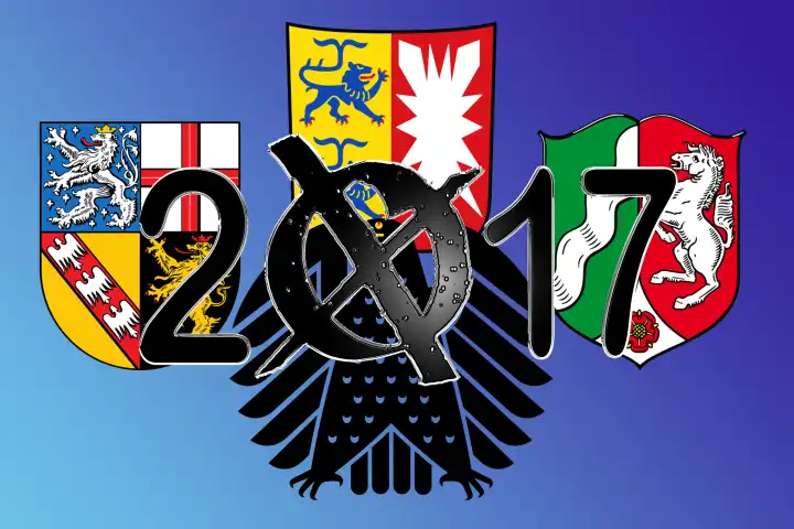 Symbolbild Superwahljahr 2017 mit den Landtagswahlen in den Bundesländern Saarland, Schleswig-Holstein und Nordrhein Westfalen sowie der Bundestagswahl im Jahr 2017