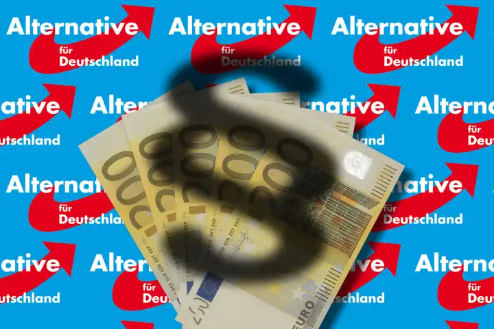 Symbolbild Parteispenden zu Gunsten der AfD Alternative für Deutschland Fächer 200 Euro Geldscheine liegen auf AfD Logos mit Schatten eines Paragraph en