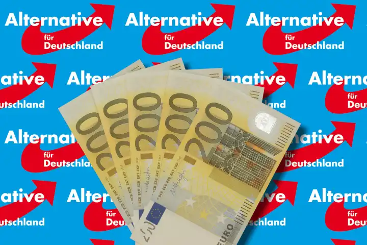 Symbolbild FOTOMONTAGE Parteispenden zu Gunsten der AfD Alternative für Deutschland Fächer 200 Euro Geldscheine liegen auf AfD Logos