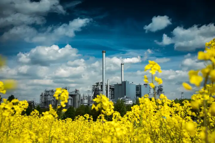 Rapeseed field in front of industrial plant