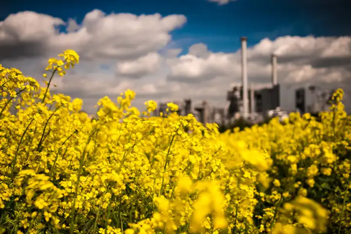 Rapeseed field in the wind in front of industrial plant