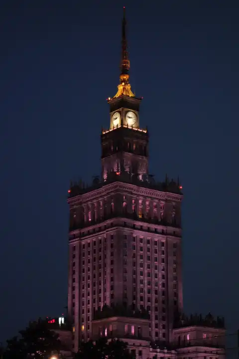 Warsaw, Poland - July 12, 2015 Palace of culture Pa amp 322 ac Kultury i Nauki at night in Warsaw