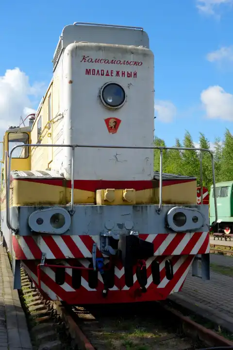 Riga, Latvia -July 14, 2015 Soviet locomotive in the railway museum of Riga