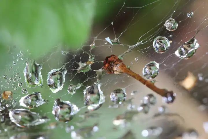 Wasserperlen in einer Spinnwebe