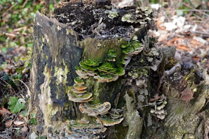 Various tree mushrooms on a tree stump