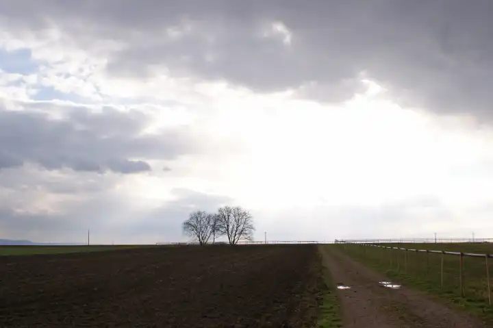Landschaft in Rheinhessen mit dunklen, aufziehenden Wolken im Februar