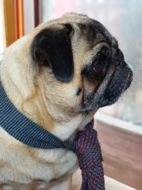 Pug proudly wears a tie and looks out of the window