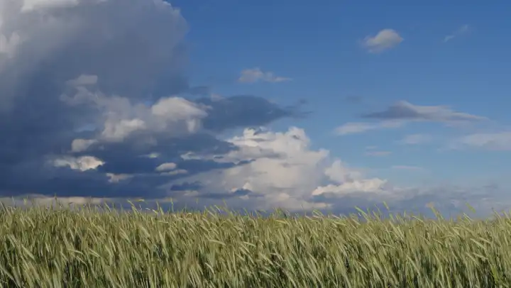 Cornfield in summer under a blue sky with cumulus clouds and dark grey clouds, pure nature in Upper Franconia