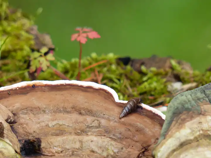 Brown and white tree fungus with a snail, green background