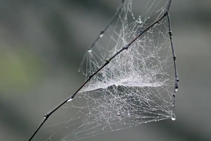 Spinnwebe mit Mittlionen von Wasserperlen hängt zwischen Zweigen