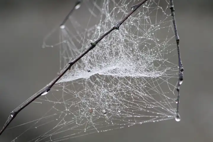 Spinnwebe mit tausenden von Tautropfen