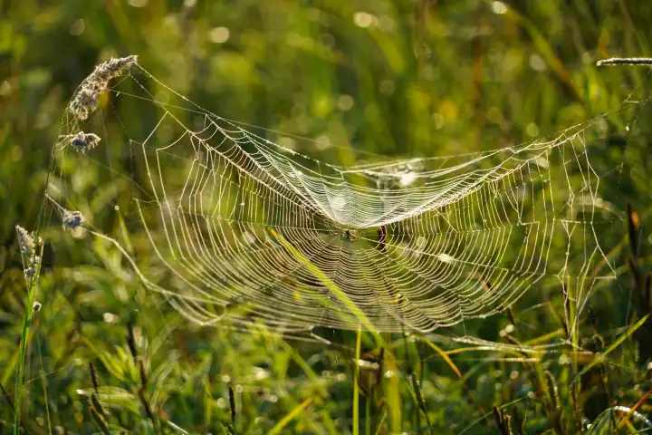 Spinnennetz mit einer Kreuzspinne in der Mitte hängt zwischen Gräsern am frühen Morgen im Ampermoss, Flusstalniedermoor am Ammersee, Bayern, Deutschland