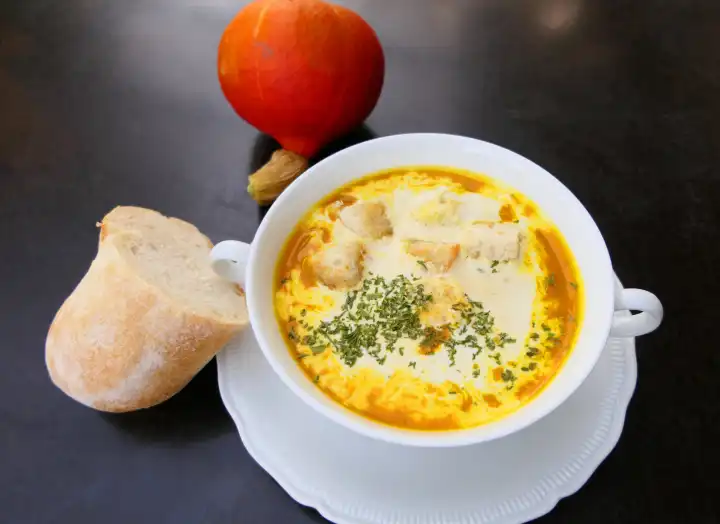 Cream of pumpkin soup from Hokkaido pumpkins, refined with cream and croutons, freshly prepared