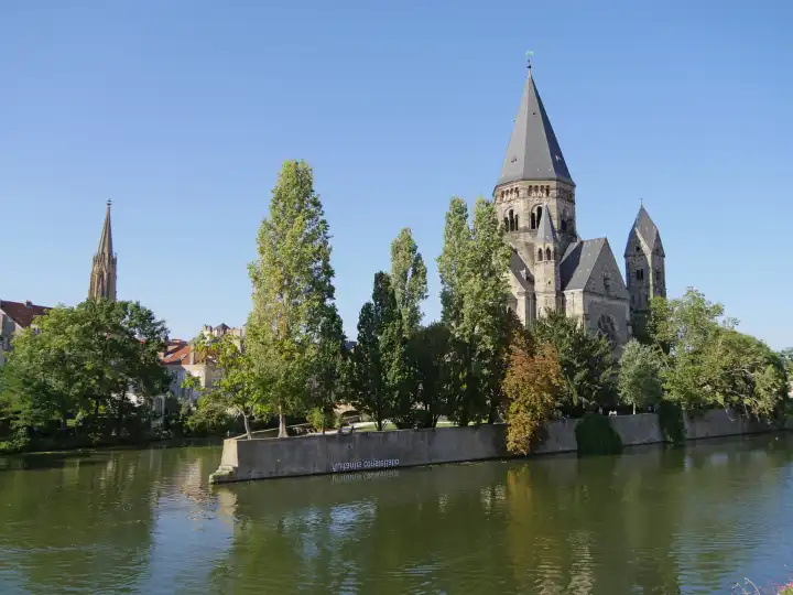 View over the Moselle to Le Temple Neuf on the Small Willow Island in the Moselle, Protestant City Church, Metz, Lorraine, France