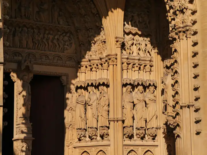 West portal of Saint-Etienne Cathedral in Metz, with statues, Lorraine, France