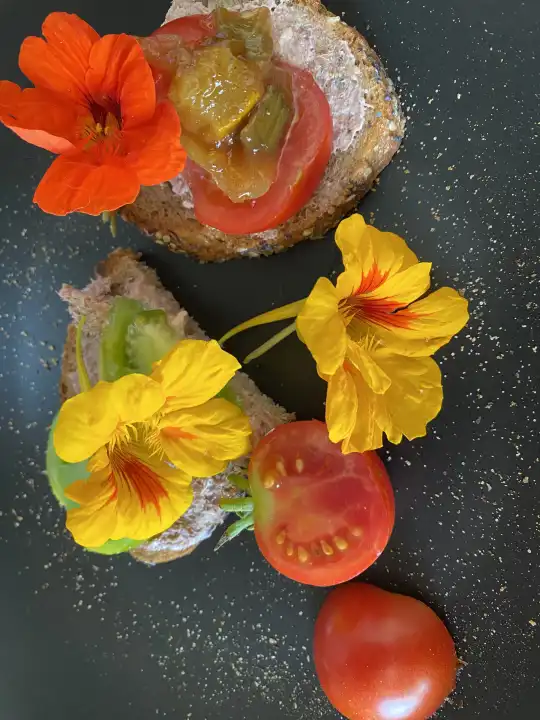 Snack consisting of bread halves with spreadable sausage, topped with red and green tomato slice, garnished with nasturtium flowers.