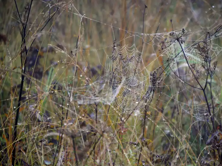 Large spider webs, Ampermoos, Fünfseenland in Upper Bavaria, Bavaria, Germany