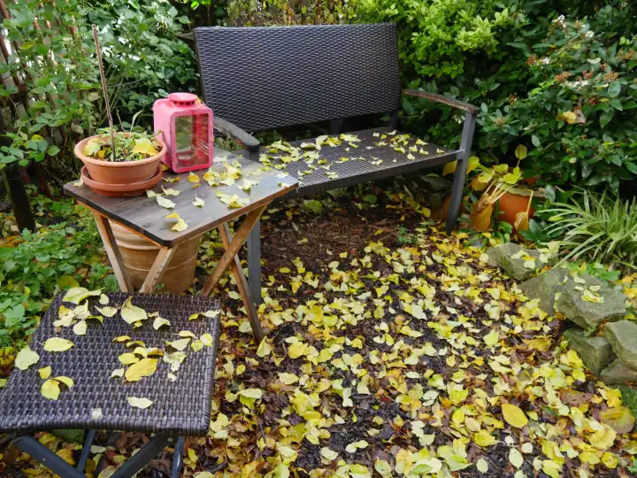 Lousy sitting area in the autumnal garden, protected by bushes and perennials