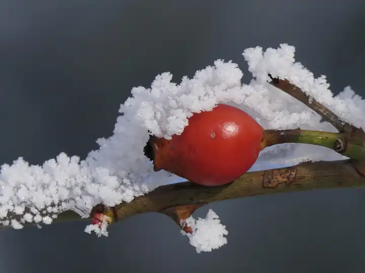 Hagebutte mit Schneehäubchen, Winterzauber
