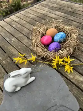 Ostern, Osternestchen mit bunten Eiern und Blütenzweig