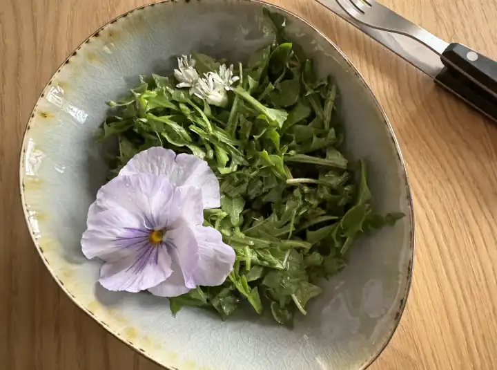 Wild herb salad with edible flowers