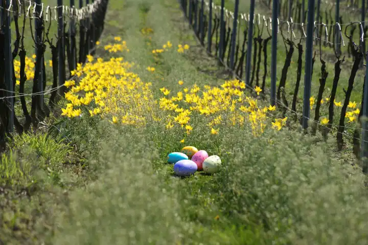 AI-generated own image, Easter, yellow wild tulips in the vineyards and colorful Easter eggs inserted with AI