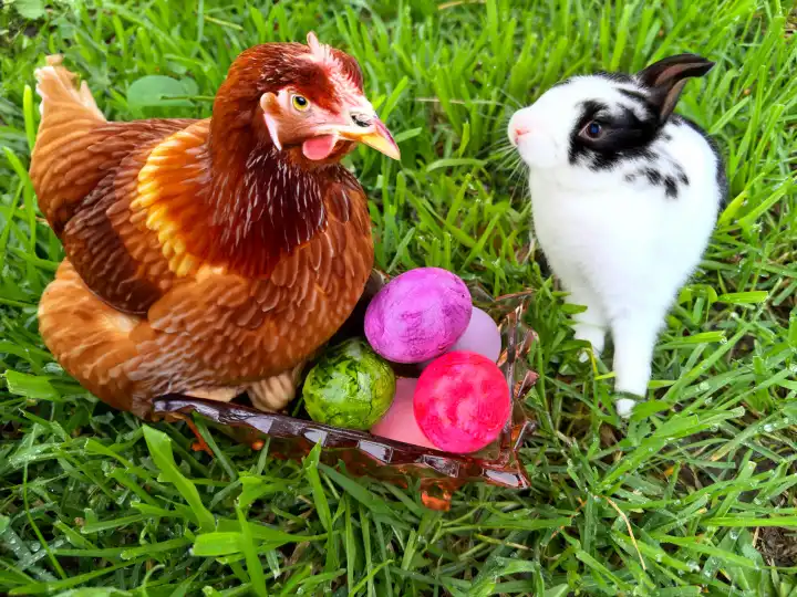 Own picture generated with AI, Easter, hen and rabbit are thinking about which of them is responsible for the colorful Easter eggs, the hen is sitting on the Easter nest with colorful eggs. Hare and hen are supplemented with AI
