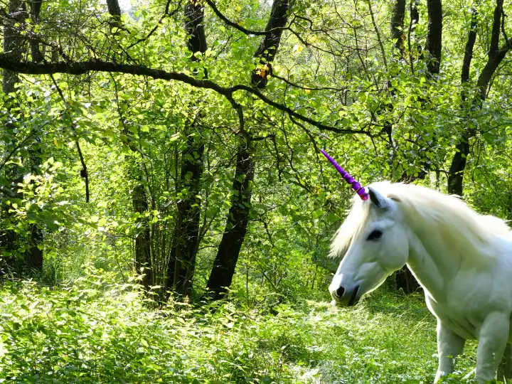 Own image generated with AI, white unicorn strides through spring forest, unicorn is supplemented with AI