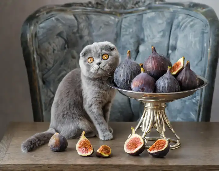 AI generated, a pretty gray Scottish fold-eared cat poses on a table next to a silver bowl filled with figs