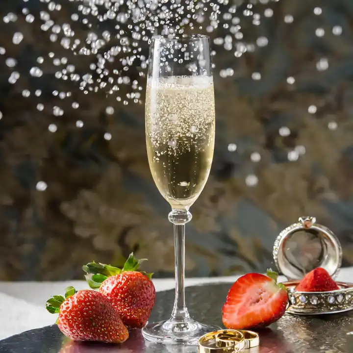 KI generated, a glass of sparkling champagne with strawberries and wedding rings, symbol of the marriage proposal, generated with AI