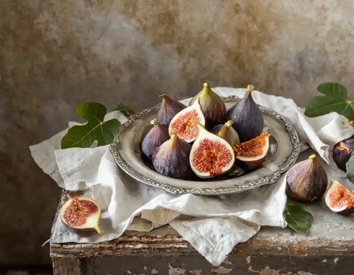 Generated with AI, whole and halved figs on silver plate, still life