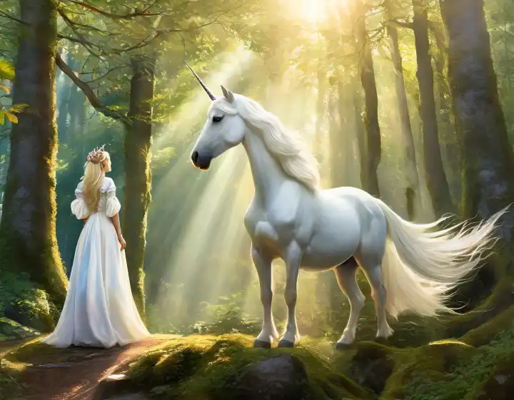 Mit KI generiert, Einhorn und Prinzessin im langen weißen Kleid, stehen im sonnendurchfluteten Wald, Fantasiewelt