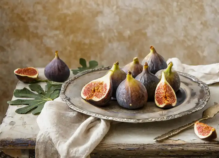 Generated with AI, whole and halved figs on silver plate, still life