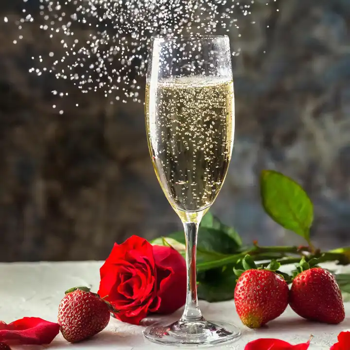 KI generiert, ein Glas prickelnder Sekt mit Erdbeeren und einer roten Rose, Symbol für den Heiratsantrag, Liebe