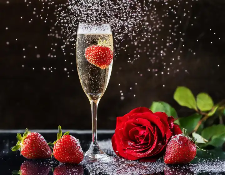 Mit KI generiert, ein Glas prickelnder Sekt mit Erdbeeren und einer roten Rose, Symbol für den Heiratsantrag, Liebe