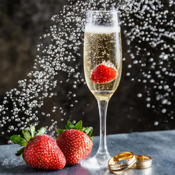 KI generiert, ein Glas prickelnder Sekt mit Erdbeeren und Eheringen, Symbol für den Heiratsantrag