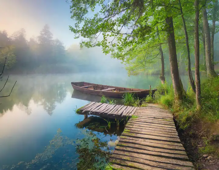 Generated with AI, forest lake with morning fog, barge lying on the wooden jetty