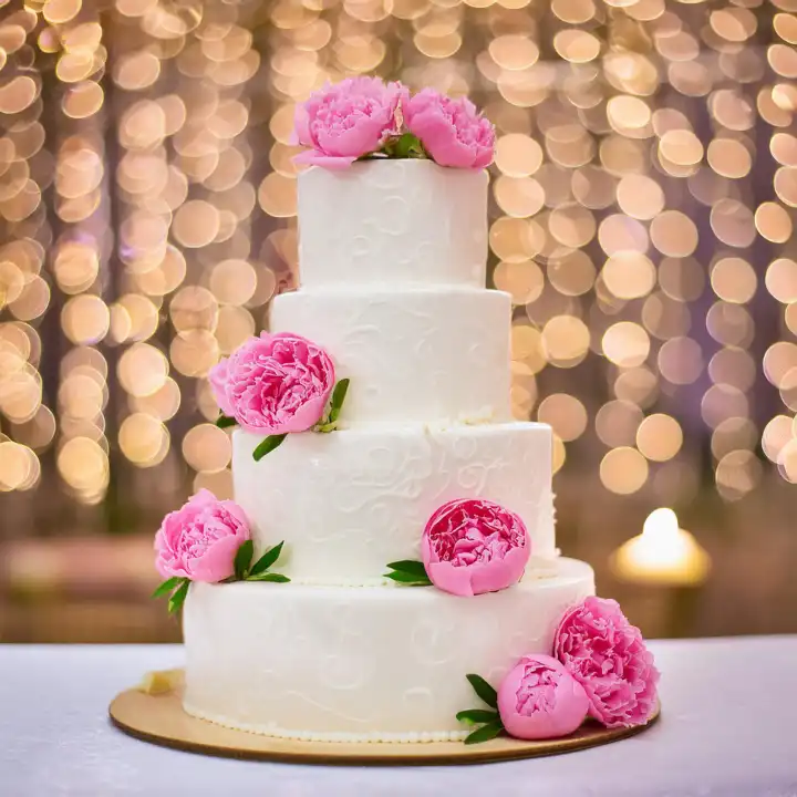 KI generiert. Vierstöckige weiße Hochzeitstorte, verziert mit pinkfarbenen Pfingstrosenblüten vor goldenem Bokeh