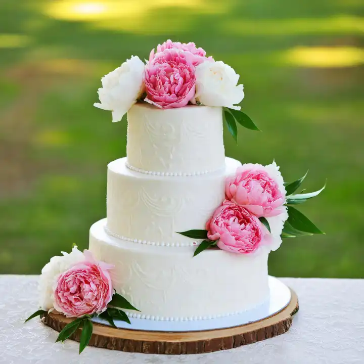 AI generated. Three-tier white wedding cake garnished with pink and white peony blossoms
