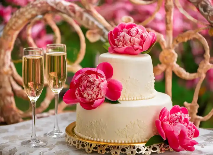 KI generiert. Zweistöckige Hochzeitstorte, garniert mit pinkfarbenen Pfingstrosenblüten für die Hochzeit im Wonnemonat Mai