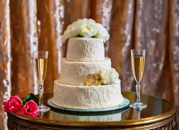 AI generated. Three-tier wedding cake garnished with golden wedding rings and white peony blossoms
