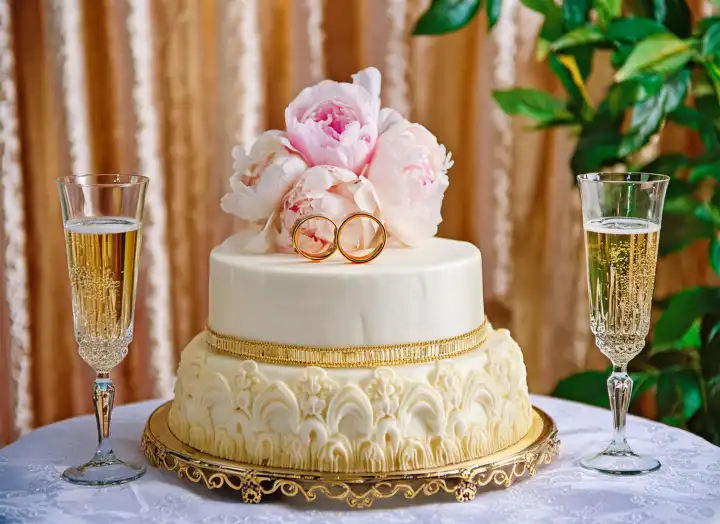 AI generated. Two-tier wedding cake garnished with golden wedding rings and pale pink peony blossoms