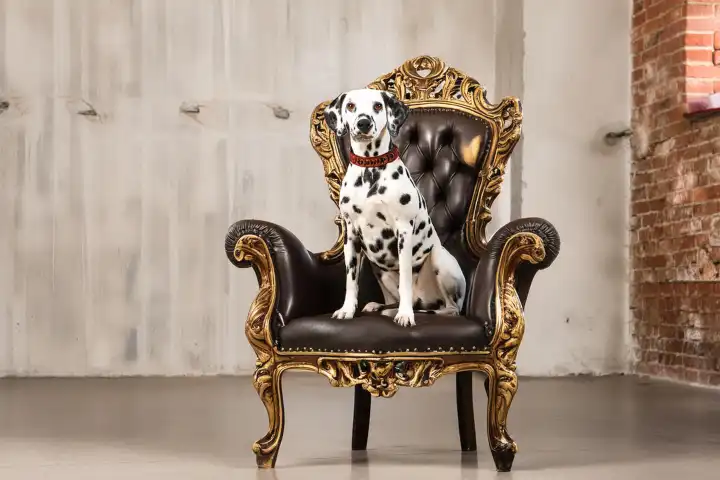 KI generiert. Junger Dalmatiner Hund sitzt auf einem dunkelbraunen Ledersessel