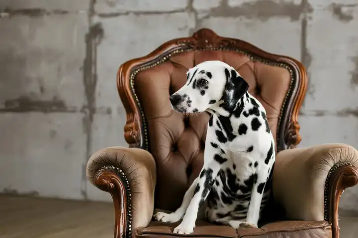 KI generiert. Junger Dalmatiner Hund sitzt auf einem Ledersessel